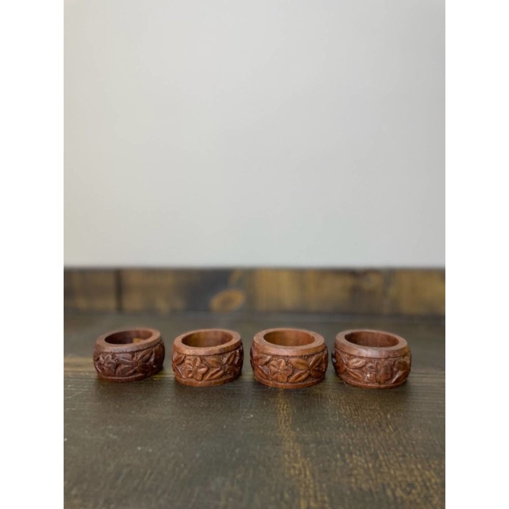 Vintage Handcarved Wooden Napkin Rings, Made in India, 4 piece